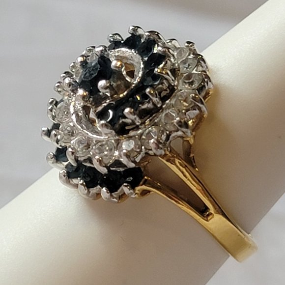 Faux Sapphire & Diamond Swirled Gold Tone Cocktail Ring Size 8 - Picture 3 of 8